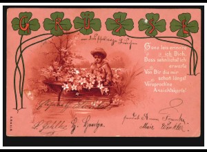 Künstler-AK Junge im Kahn Blumen, Gedicht Erinnerung, BERLIN S 14e 3.6.1899