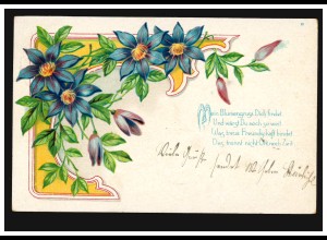 Lyrik-AK Blumen, Gedicht Blumengruss Treue Freundschaft, SCHÖNFLIESS 1.6.1904