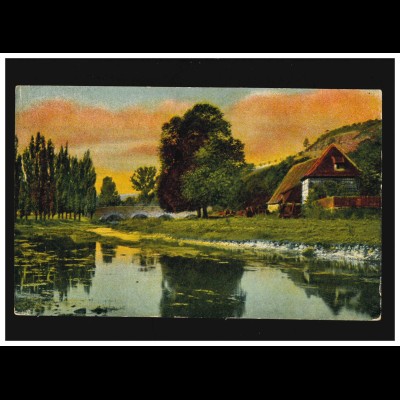 Landwirtschaft Bauernhaus am Fluss Brücke Sonnenuntergang Malerei, ungebraucht