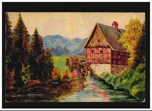 Landwirtschaft Wassermühle Mühlrad Bach Berge Malerei E.Jahn, ungebraucht