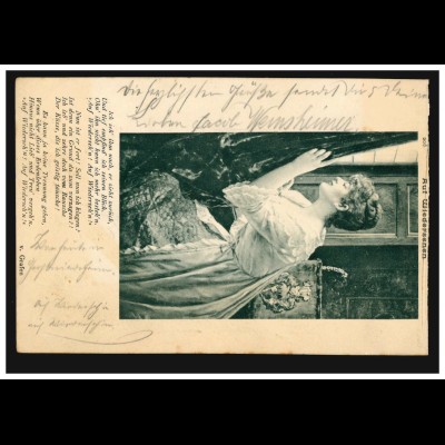 AK Frau am Fenster, Gedicht von Grafen: Ich seh' ihm nach, er sieht zurück, 1901