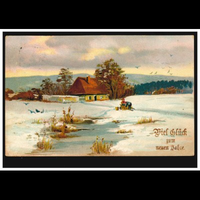 Prägekarte Neujahr Bauernhof im Winter, CHARLOTTENBURG 5 c 30.12.1910