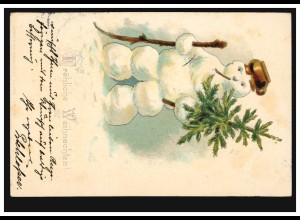 Prägekarte Weihnachten Rauchender Schneemann mit Tanne, RATINGEN 24.12.1901