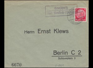 Landpost-Stempel Gnaschwitz über NEUKIRCH (LAUSITZ) LAND 13.10.1934 auf Brief