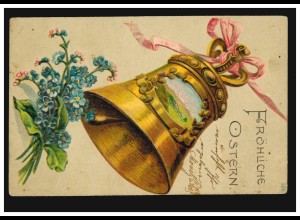 Prägekarte Ostern Glocke mit kleinem Landschaftsbild Veilchen, BUDWETHEN 12.4.06