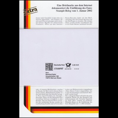 Sonderblatt Eine Briefmarke aus dem Internet: ein STAMPIT-Beleg vom 1.1.2002