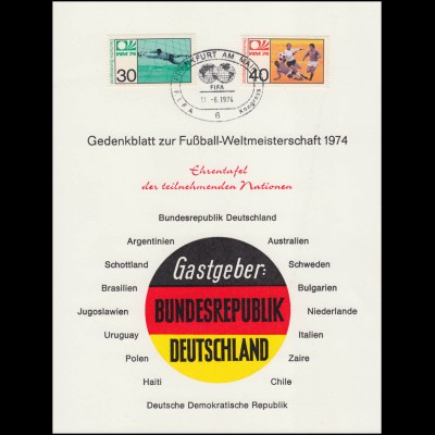 Gedenkblatt Fußball-WM 1974 mit Bund 811-812 und Ehrentafel der Teilnehmer SSt