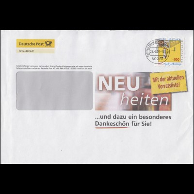2035 Erich Kästner, Post-Werbebrief Neuheiten + Dankeschön FRANKFURT 29.5.2001