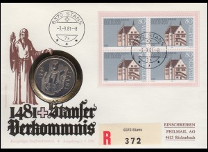 Schweiz Numisbrief-FDC 1481 Stanser Verkommnis, ET-O Stans 3.9.81, 5 Franken