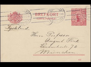 Postkarte P 30 BREFKORT König Gustav mit DV 413, STOCKHOLM 28.10.14 nach München