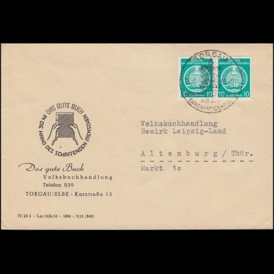 DDR Dienst 10 Pf. Zirkel Paar MeF Brief Volksbuchhandlung SSt TORGAU 16.3.1955