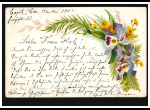 Blumen-AK Blumengebinde mit Farne COPITZ (ELBE) 16.5.1901 nach BERTSDORF 17.5.01