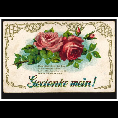 Prägekarte Gedenke mein - Rote Rosen, Feldpost 28.12.1917 BS Rekruten-Depot