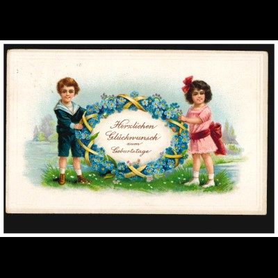 Prägekarte zum Geburtstag mit Veilchenblumen-Oval und Kinder, BORDESHOLM 25.4.22