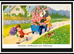 Tiere-AK Geburtstag: Kinder mit Blumenwagen und Hund, BAUTZEN 10.12.1928