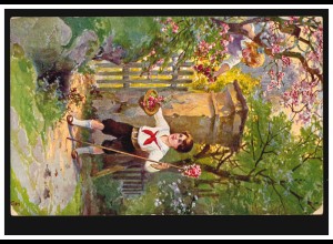 Künstler-AK Jos. Frank: Mädchen und Junge bei der Rosenernte, gelaufen um 1914