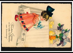 Künstler-AK Mädchen im roten Kleid Blumen Geburtstagskarte, FRANKFURT/MAIN 1935