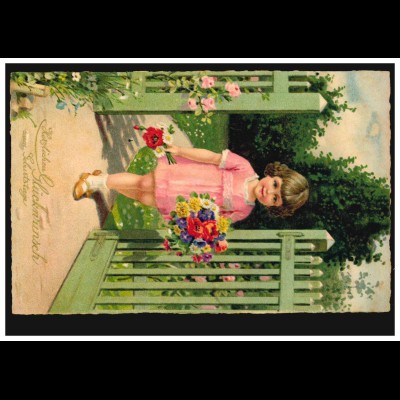 Künstler-AK Mädchen im rosa Kleid - Blumen zum Geburtstag, ROSTOCK 12.5.1932