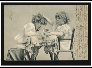 Kinder-AK Zwei Mädchen am Tisch: Geschwisterzwist ZÜRICH AUSSENSTELLE 17.10.1906