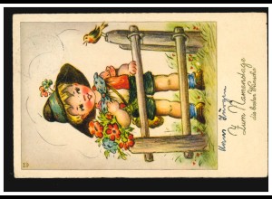 Ansichtskarte Namenstag Junge mit Hut Blumen Vogel, gelaufen 1941