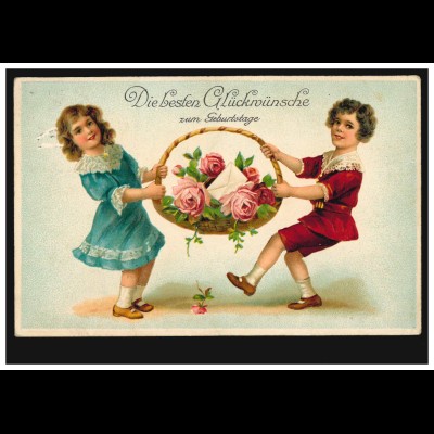 Prägekarte Geburtstag: Zwei Kinder mit Rosenkorb, Weißwasser / Oberlausitz 1914