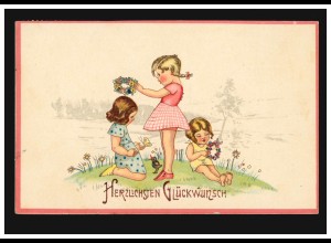 Kinder-AK Drei Mädchen beim Spielen Blumenkränze, CHOMUTOV / KOMOTAU 14.10.1938