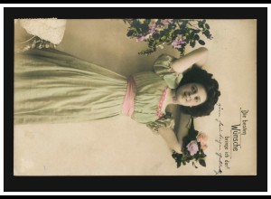 Mode-AK Frau im grünen Kleid mit Rosen, HASBERGEN 2.7.1918