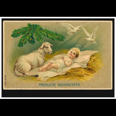 Prägekarte Tiere: Christus-Kind mit Lamm und Taubenpaar, HAMBURG 24.12.1911