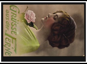 Künstler-AK Frau im grünen Kleid mit Rose, Feldpost INGOLSTADT 1 d 3.2.1916