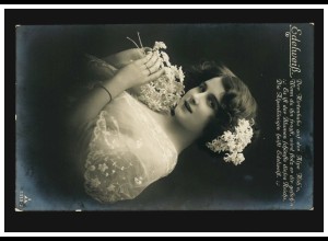 Mode-AK Frau mit Edelweiß im Haar und in den Händen, AACHEN 1 r 3.11.1911
