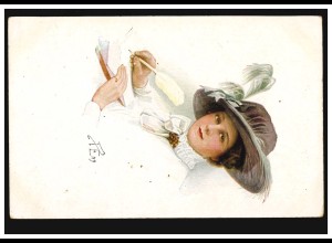 Künstler-AK Peny: Frau um 1910 mit Federkiel beim Schreiben, Feldpost 1.9.1916