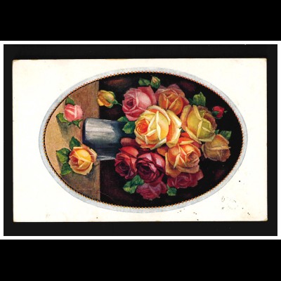 AK Blumen graue Vase rosa gelb rote Rosen Rahmen, Remse (Sachsen) 11.4.1925