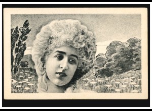 Künstler-AK Frauenkopf in Landschaft mit Blumenwiese, ungebraucht