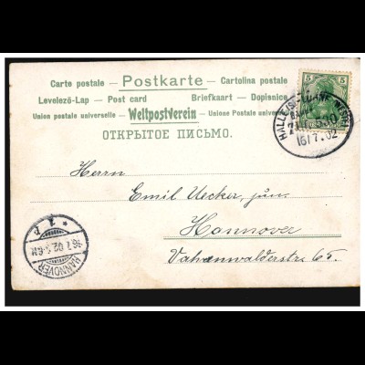 Bahnpost HALLE/SAALE - LÖHNE (WESTF.) ZUG 530 - 16.7.1902 auf Blumen-AK