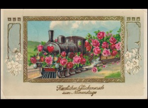 AK Namenstag Eisenbahn bringt Rosen, FRECHEN 22.7.1911