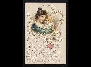 "Liebe" Mutter hält ihr blondgelocktes Kind, Herz Medaillon Remscheid, 7.10.1901