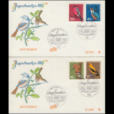 401-404 Jugend Einheimische Vögel 1963: Satz auf 2 FIDACOS-FDC ESSt BONN 12.6.63