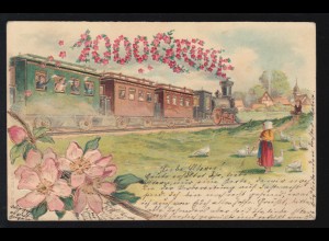 AK 1000 Grüße aus der fahrenden Eisenbahn, vergoldet, KALDENKIRCHEN 4.3.1905