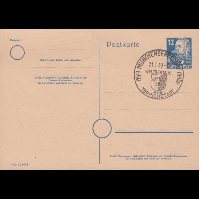 SSt MÜNCHENBERNSDORF 21.1.49 auf Postkarte P 36a/01 Engels DV M 301 C 8088