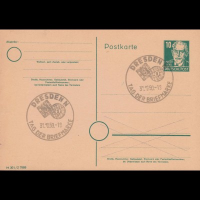 SSt DRESDEN Tag der Briefmarke 31.10.50, Postkarte P 35/05 Bebel DV M 301 Z 7989