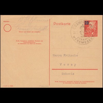 Postkarte P 42/02 Engels mit Aufdruck DV M 301 / Z 7085, SSt COSWIG 23.1.1953 