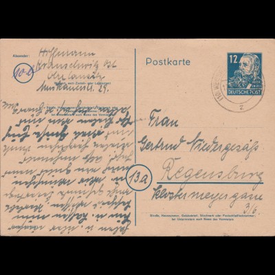 Postkarte P 36a/02 Engels 12 Pf. DV M 301 / C 1633, WEISSWASSER 17.12.1949