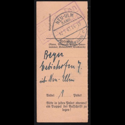 Landpost-Stempel Erbishofen über NEU-ULM 12.5.1943 auf Paketkartenabschnitt