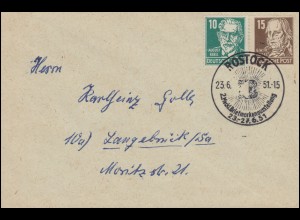 215 Bebel + 217 Hegel Brief SSt ROSTOCK 2. Meckl. Briefmarkenausstellung 23.6.51