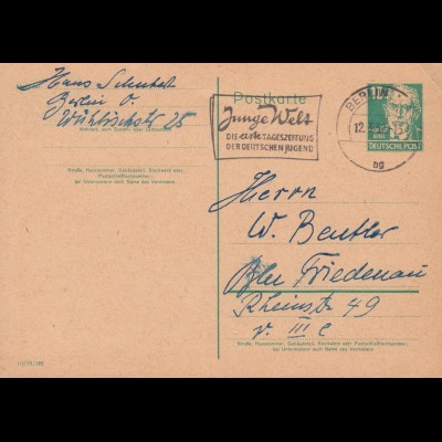 Postkarte P 41a I Bebel 10 Pf DV III/18/185, BERLIN Junge Welt 12.3.52 Orts-PK