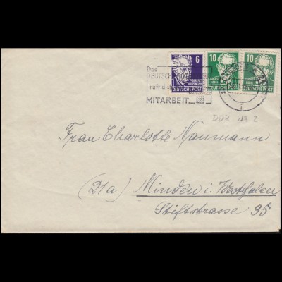 213 Hauptmann und 215 Bebel auf Brief DRESDEN Rotes Kreuz 18.11.1953 nach Minden