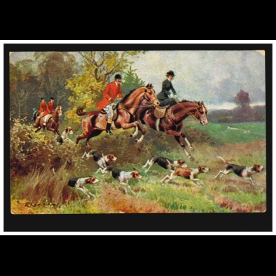 Tiere-AK Fuchsjagd mit Pferd und Hundemeute im Gelände, per Bahnpost um 1905
