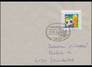 1718 Fußball-WM: Verzähnung durch Marke auf Brief SSt ESSEN Fußball 5.5.1994