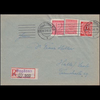Zonen-Mischfrankatur auf R-Ortsbrief mit Not-R-Zettel Rogäsen, 26.3.1946
