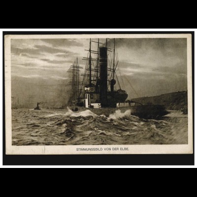 AK Schiffe: Stimmungsbild von der Elbe mit Dampfer und Segelschiff, HAMBURG 1913
